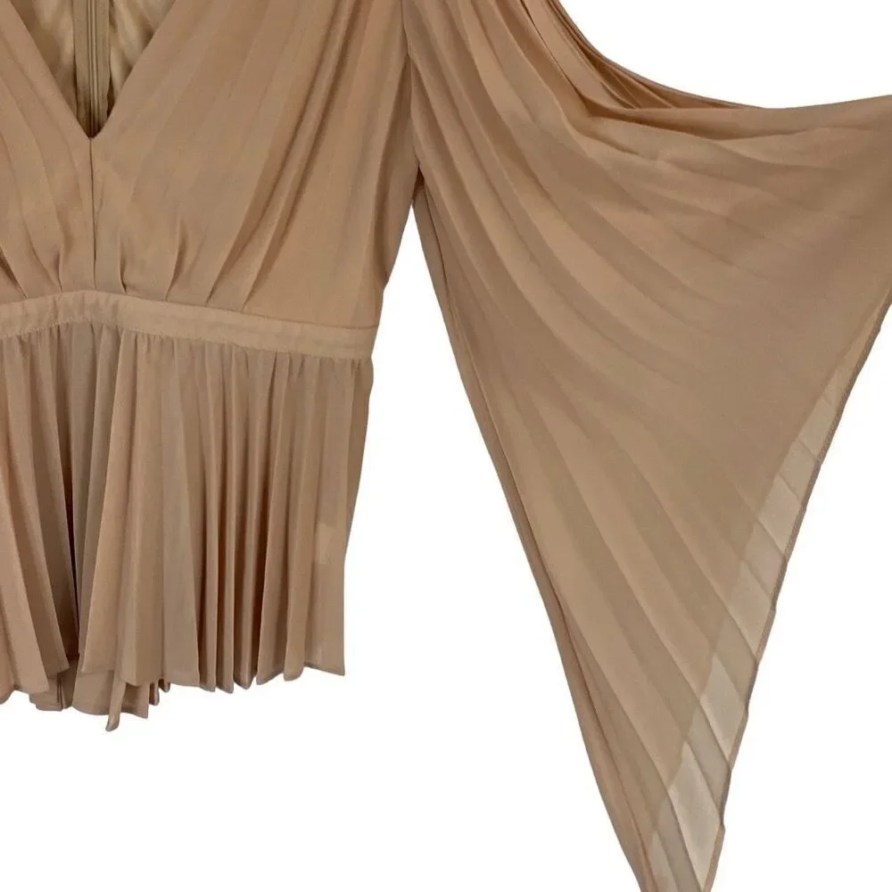 Do+Be Tan Color Pleated Deep V Neck Split Sleeve Top Size Large